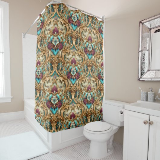 Rideaux De Douche Damassé Orné Turquoise & Or (En situation)