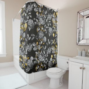 Rideaux De Douche De Toile d'or d'équilibre noir floral blanc noir