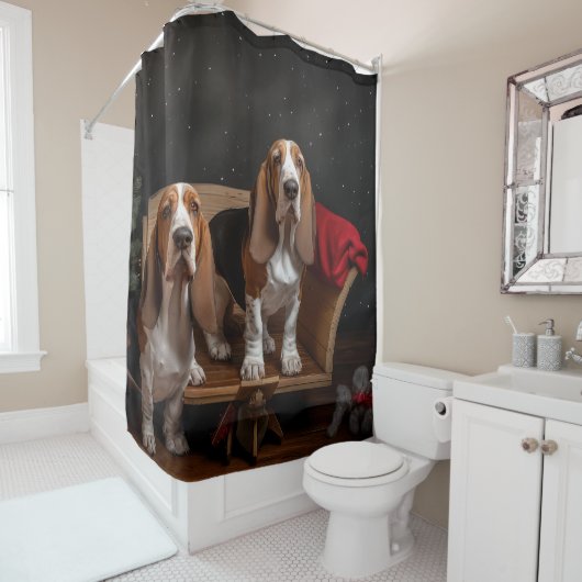 Rideaux De Douche Décor de Noël Basset Hound Snowy Sleigh (En situation)
