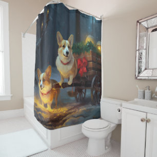 Rideaux De Douche Décor de Noël Corgi Snowy Sleigh