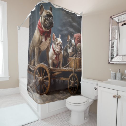 Rideaux De Douche Décor de Noël de Bulldog Snowy Sleigh (En situation)