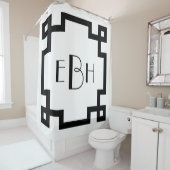 Rideaux De Douche Décor Monogramme Blanc Noir Clé grecque Bordure (En situation)