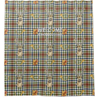 Rideaux De Douche Deer Stag Mountain Lodge Fall Leaves Tartan Plaid