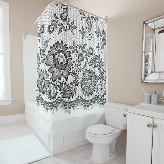 Rideaux De Douche Dentelle noire sur fond blanc (En situation)