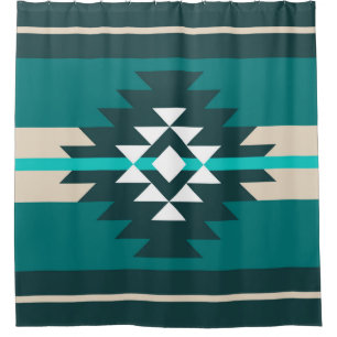 Rideaux De Douche Design aztèque en couleur turquoise