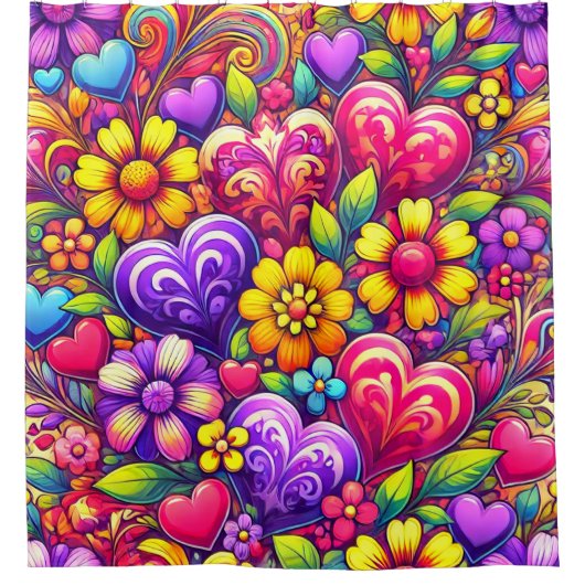 Rideaux De Douche Design Coeurs et Fleurs (Devant)
