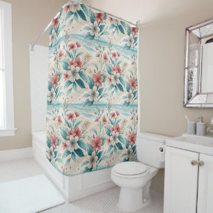 Rideaux De Douche Design d'élégance côtière aqua corail floral tropi