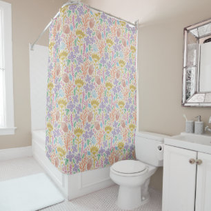Rideaux De Douche Design floral rétro avec fleurs et fruits.