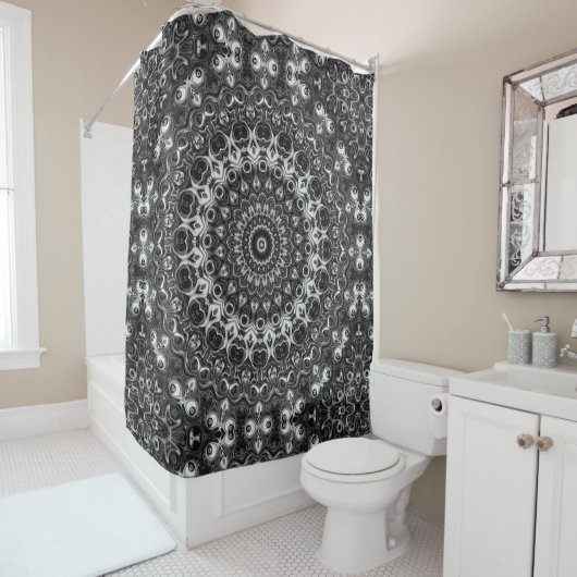 Rideaux De Douche Design géométrique Mandala noir et blanc (En situation)