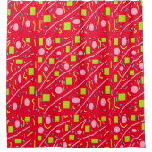 Rideaux De Douche Design rouge avec carrés vert rose et globes (Devant)