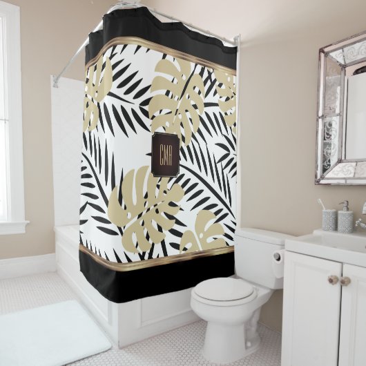 Rideaux De Douche Design Tropical Gold et Black Palm Leaf (En situation)