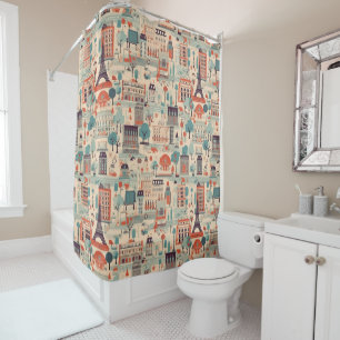 Rideaux De Douche Design Vintage parisien - beige, rouge, vert