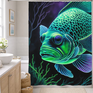 Rideaux De Douche Dessin à la craie de poisson sur fond vert noir