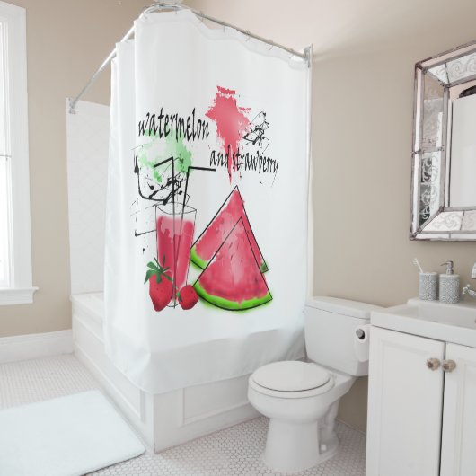 Rideaux De Douche Dessin d'aquarelle de pastèque et fraises (En situation)