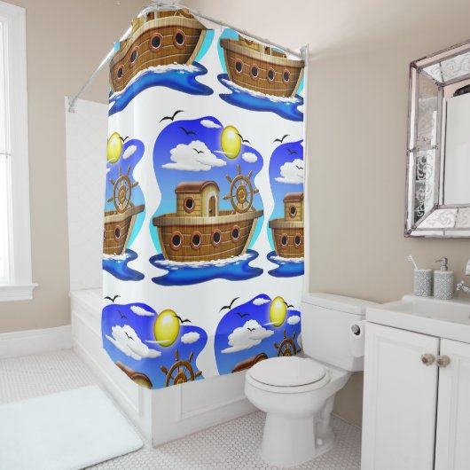 Rideaux De Douche Dessin de bateau de pêche (En situation)