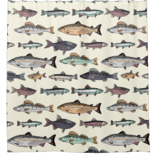 Rideaux De Douche Dessins de poisson vintages, motif sans soudure.