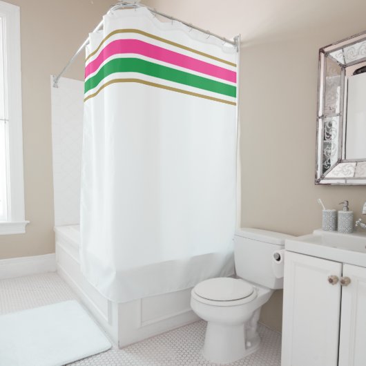Rideaux De Douche Deux Bright Pink Green Slender Top Racing Stripes (En situation)
