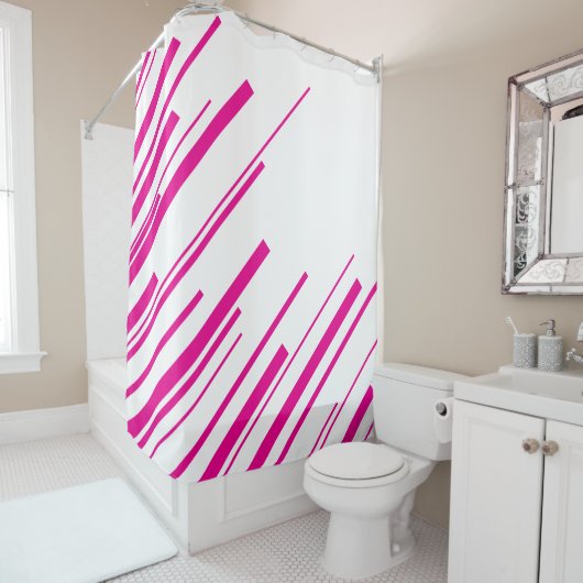 Rideaux De Douche Diagonales en Magenta et Blanc (En situation)