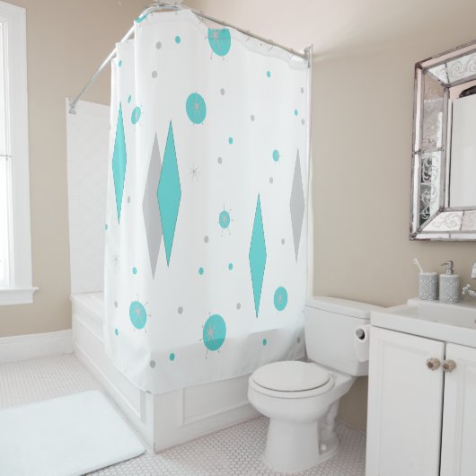 Rideaux De Douche Diamant Turquoise Retro & Starburst (En situation)