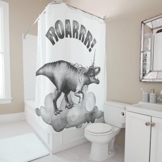 Rideaux De Douche Dinocorn Roar | Silver Monochrome Minimal Wordart (En situation)