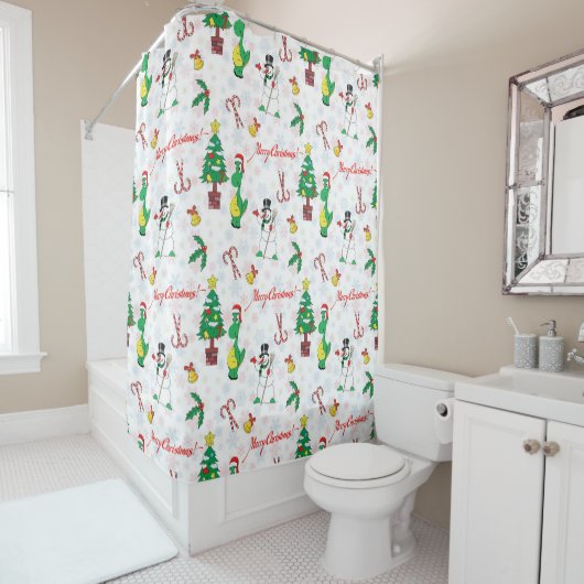 Rideaux De Douche dinosaure de Noël et bonhomme de neige (En situation)