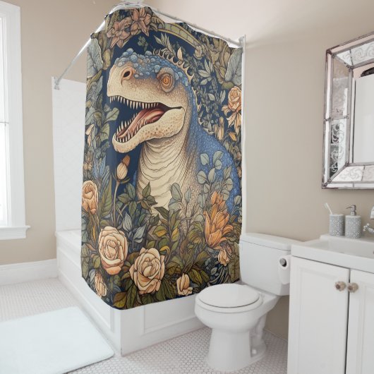 Rideaux De Douche Dinosaure et fleurs de style Art nouveau (En situation)