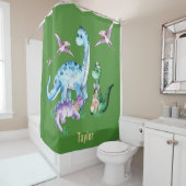 Rideaux De Douche Dinosaures Bleu pourpre Vert Enfants Nom personnal (En situation)