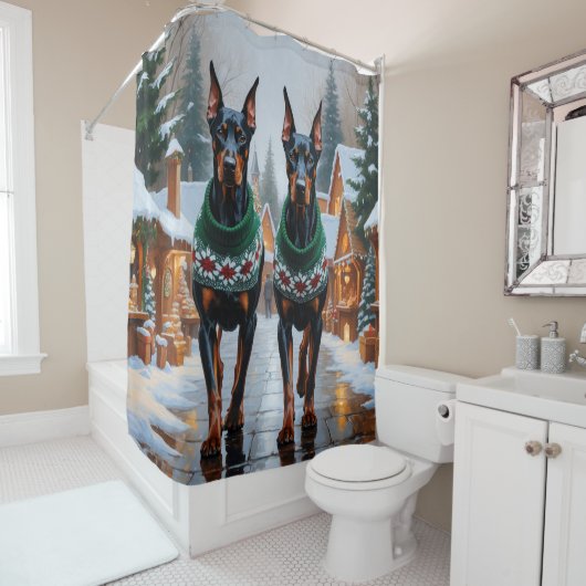 Rideaux De Douche Doberman Dogs Christmas Snow Holiday  (En situation)