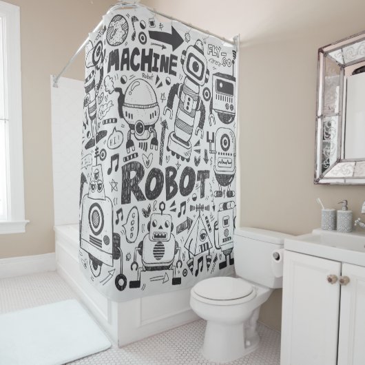 Rideaux De Douche doodle robot element, illustrator line tools drawi (En situation)