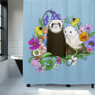 Rideaux De Douche Douce Paire de Furets Floraux Bleus Fantaisistes