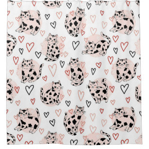 Rideaux De Douche Douces Chats Kawaii Roses & Motif Cœurs (4)