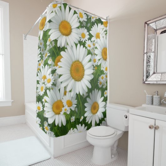 Rideaux De Douche Doux marguerite motif blanc fleurie verte (En situation)