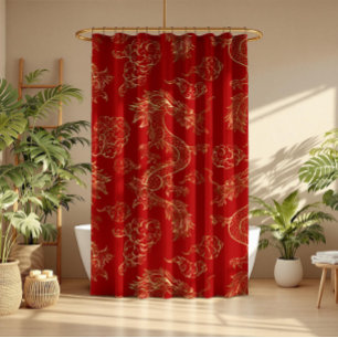 Rideaux De Douche Dragon chinois au ton or et rouge