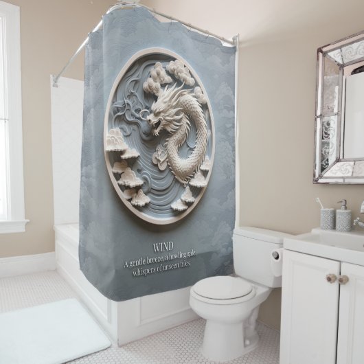 Rideaux De Douche Dragon Élément Vent Gris Blanc (En situation)