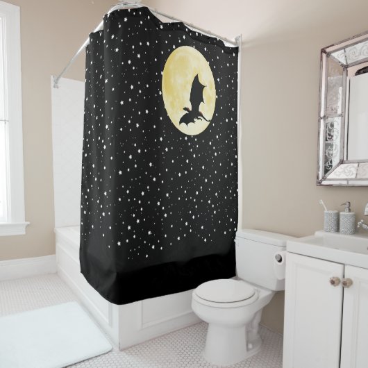 Rideaux De Douche Dragon, étoiles de scintillement, lune, stary noir (En situation)