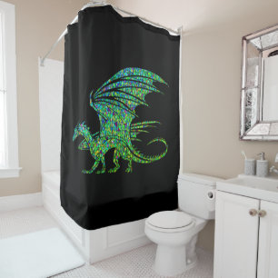 Rideaux De Douche Dragon Extraordinaire en mosaïque verte sur noir