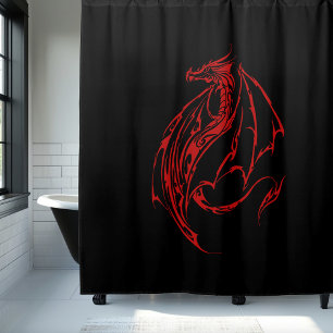 Rideaux De Douche Dragon Tribal Rouge Féroce Silhouette Fantastique