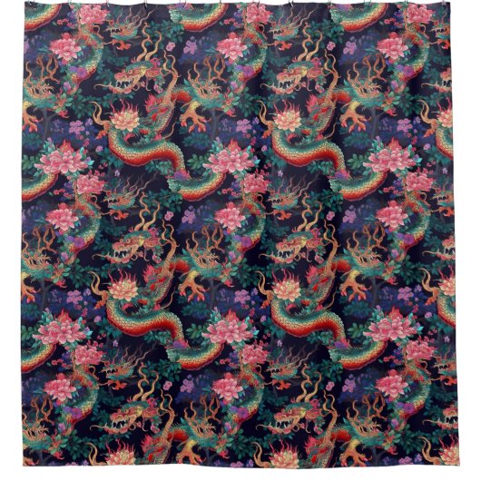 Rideaux De Douche Dragons et fleurs de néon (Devant)