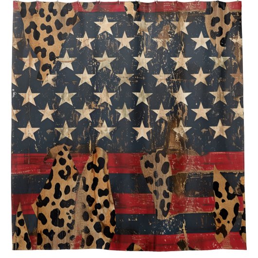 Rideaux De Douche Drapeau américain rustique imprimé léopard (3) (Devant)