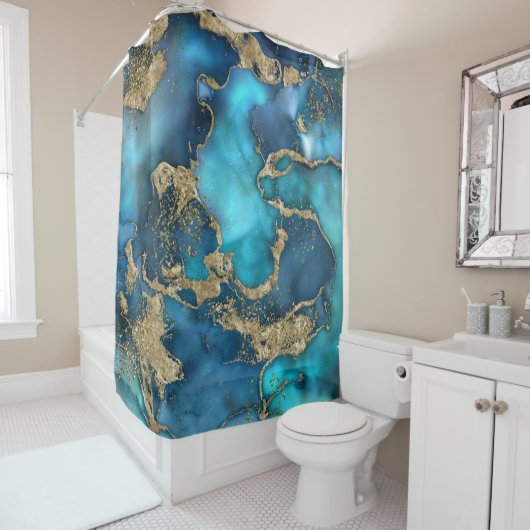 Rideaux De Douche DreamBlue Turquoise et Gold (En situation)