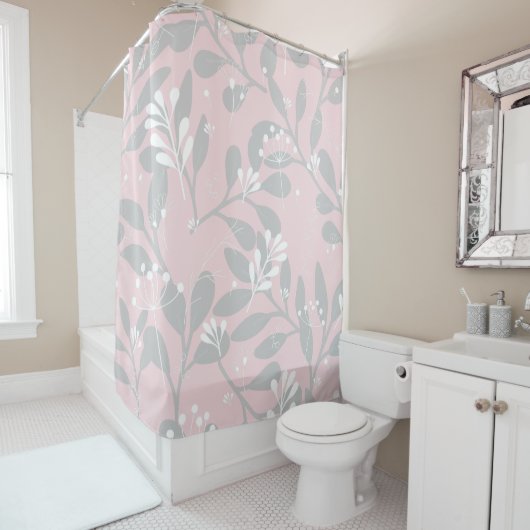 Rideaux De Douche Dreamical Botanical : Toile rose avec Feuilles gri (En situation)