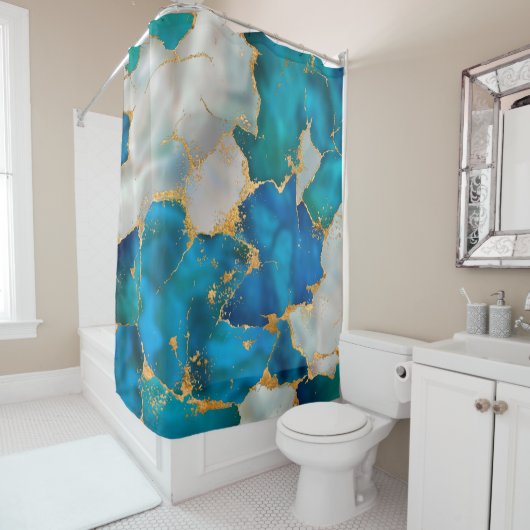Rideaux De Douche Dreamy Blue, Turquoise, perle et or (En situation)