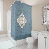 Rideaux De Douche Dusty Blue Rustic Feuilles Brown Monogramme (En situation)