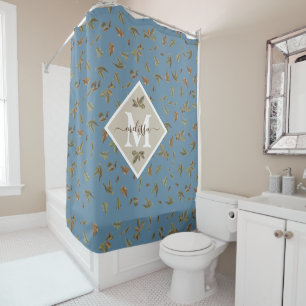 Rideaux De Douche Dusty Blue Rustic Feuilles Brown Monogramme