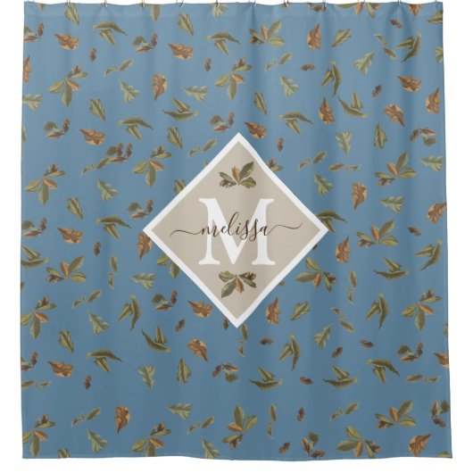 Rideaux De Douche Dusty Blue Rustic Feuilles Brown Monogramme (Devant)