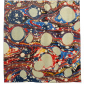 RIDEAUX DE DOUCHE EAUX ABSTRAITES ROUGES BLEU MARBLÉES, CERCLES BLAN (Devant)