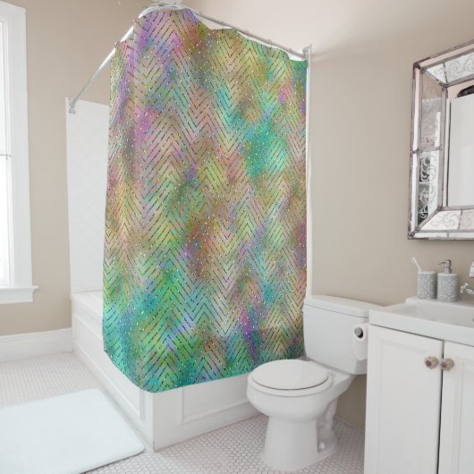 Rideaux De Douche Éclairage Arc-en-ciel en or brillant Motif Chevron (En situation)