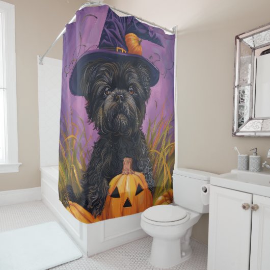 Rideaux De Douche Éffrayant Affenpinscher Halloween sorcière et Citr (En situation)