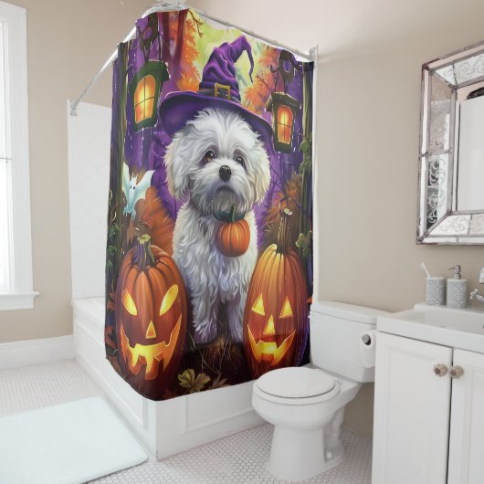 Rideaux De Douche Éffrayant Bichon Frise Halloween sorcière et Citro (En situation)