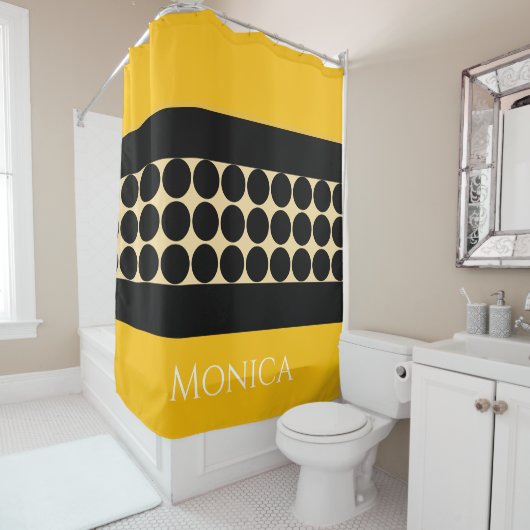 Rideaux De Douche Elegant black  beige &  yellow dots monogram name (En situation)